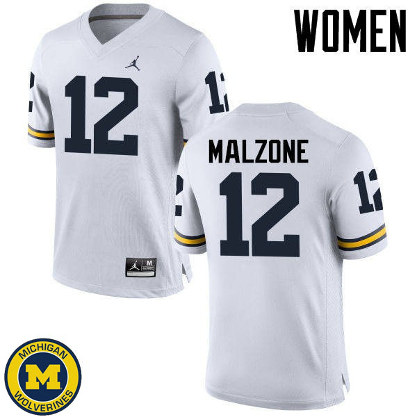 Women University of Michigan #12 Alex Malzone White College Football Jersey